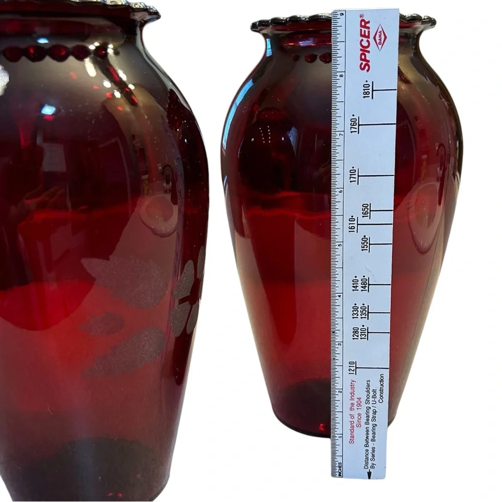 Pair of 2 Royal Ruby Anchor Hocking Tall Vases 9” high Deep Red Glass Vintage